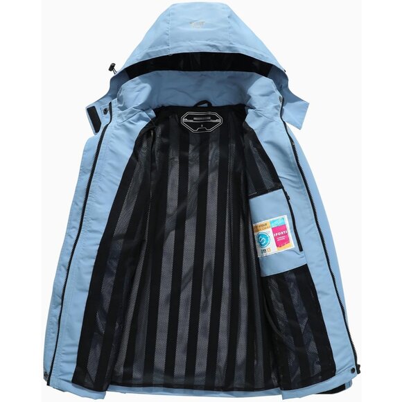 Women's Blue Waterproof Lightweight Rain Jacket, Windproof Trench Coat Hood - Picture 3 of 7